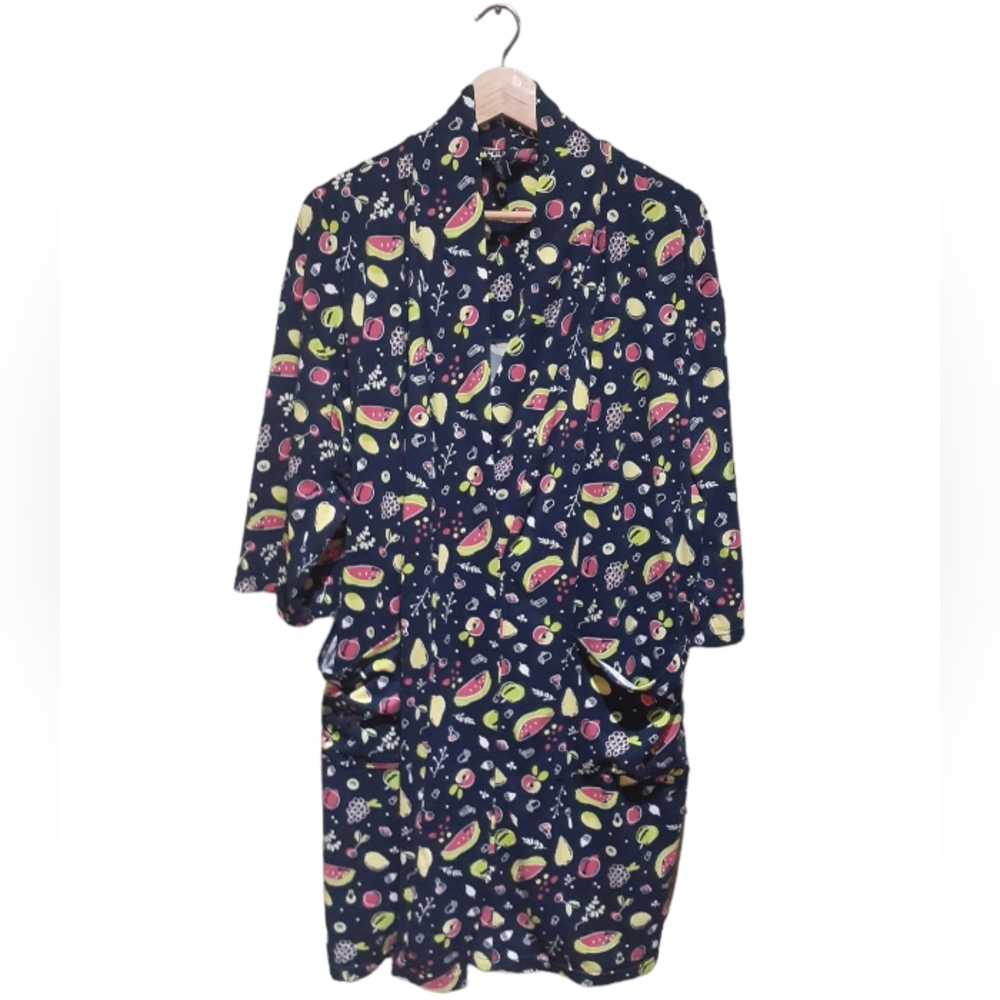 Cynthia Rowley Women's Size Small Fruit Print Jersey Knit Bath Robe in Blue